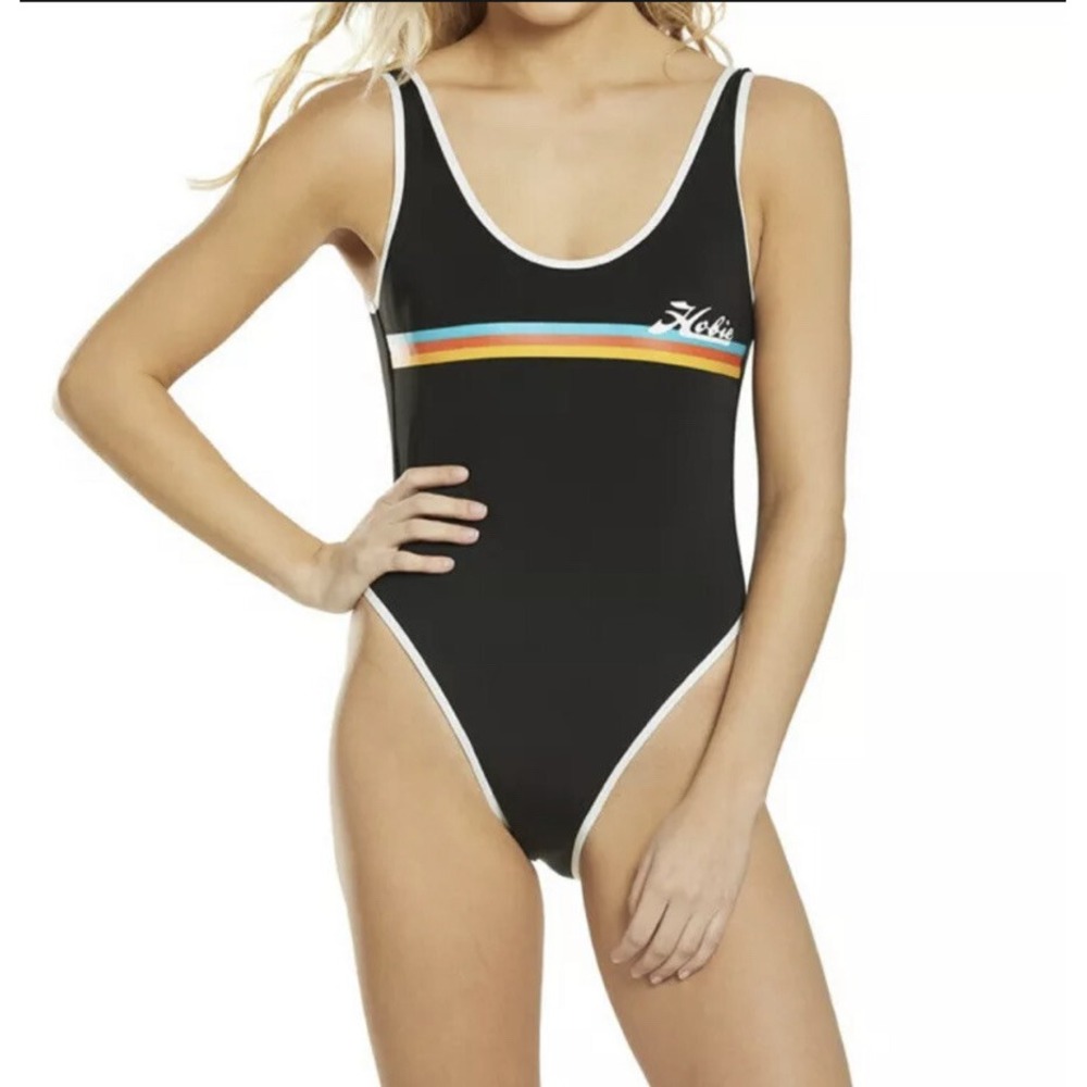Hobie Womens One Piece Swimsuit High Leg Black Heritage Stripe Size XL NEW